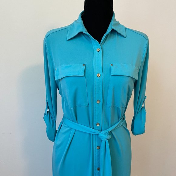 Calvin Klein Blue Belted Shirt Dress  - Long Sleeve Button Front - Size 8 Med - Picture 2 of 7